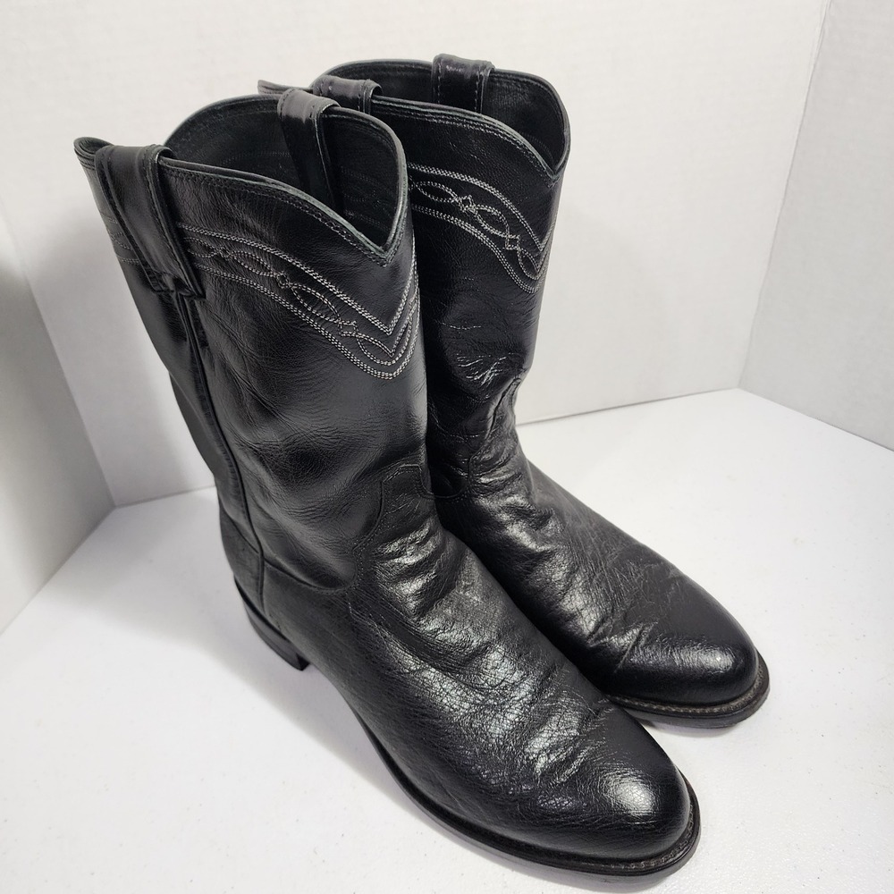 VTG Justin Mens Black smooth ostrich Leather Western Cowboy Boots USA Made 9 D